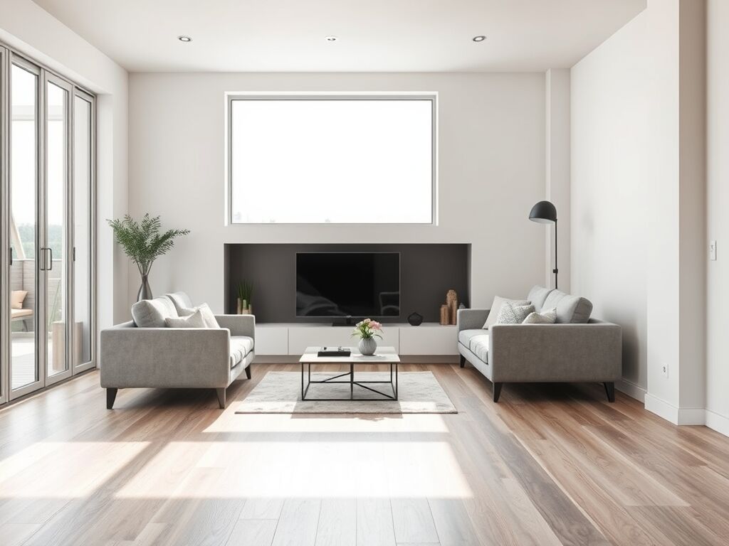 Moderne woonkamer met licht eiken laminaatvloer met beginnende waterschade en veel natuurlijk daglicht.