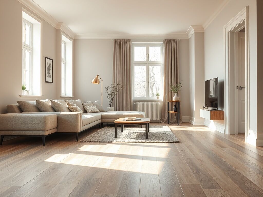Licht eiken laminaatvloer met planken die licht uit elkaar zijn geschoven in moderne woonkamer.