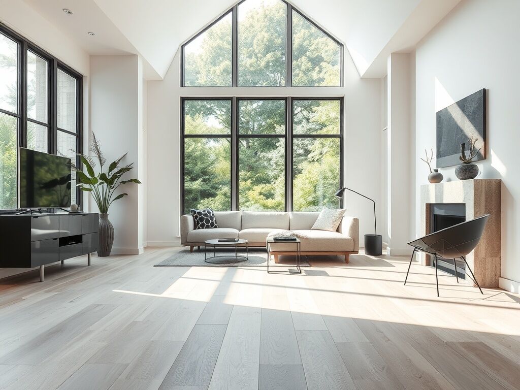 Moderne woonkamer met licht eiken laminaatvloer en nette zandkleurige plinten onder veel daglicht.