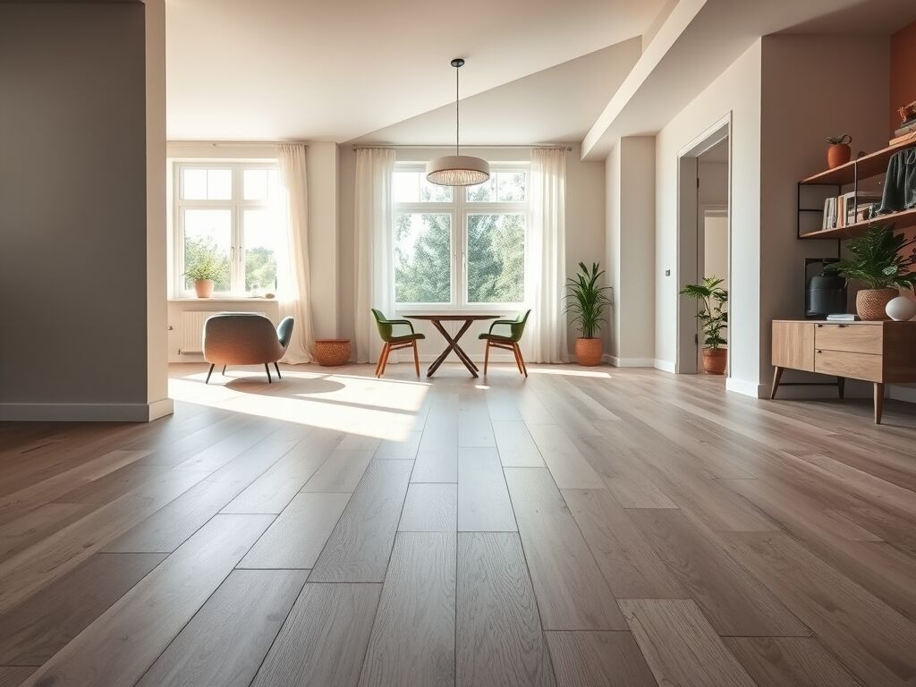 Licht eiken laminaatvloer met laminaatgereedschap in een moderne woning met veel daglicht.