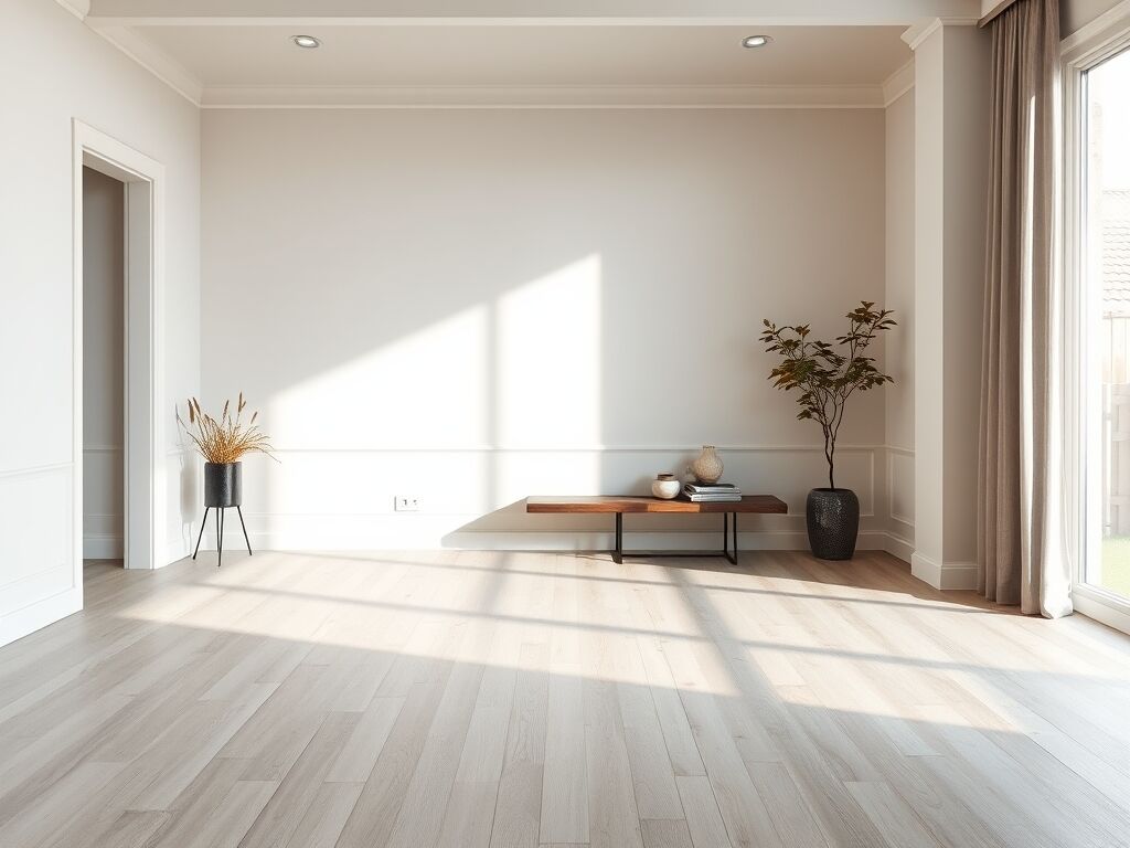 Moderne woonkamer met licht eiken laminaatvloer en strakke witte plinten, veel daglicht en schone vloerstructuur.