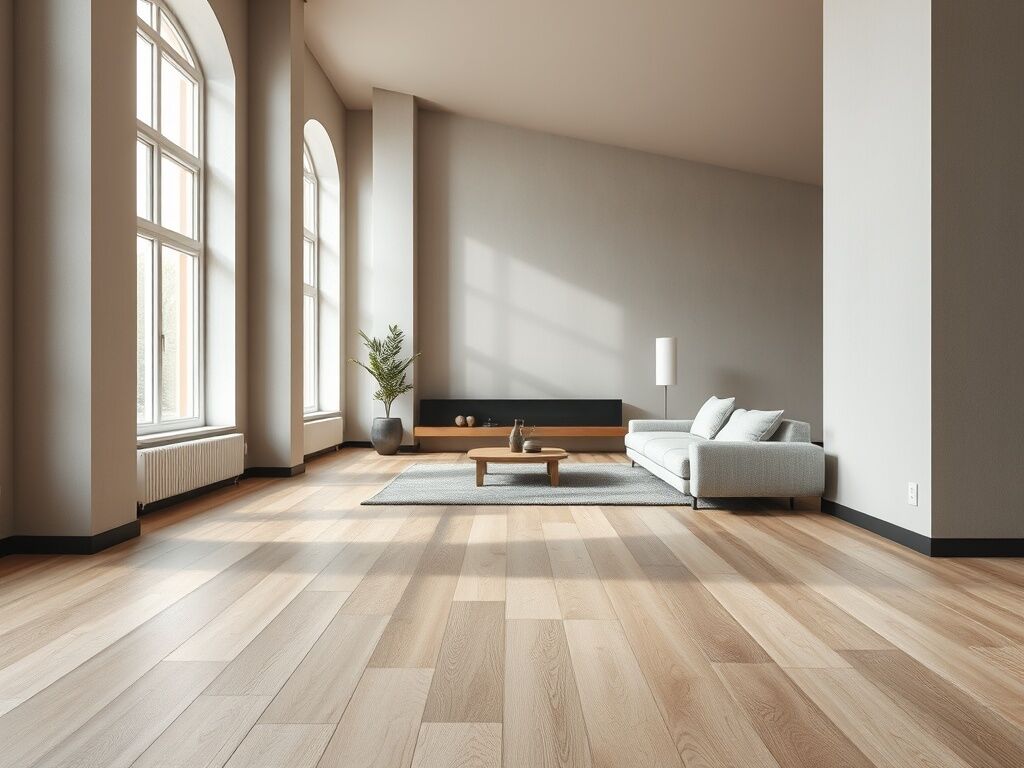 Moderne woonkamer met licht eiken laminaatvloer gelegd parallel aan ramen en strakke plinten.