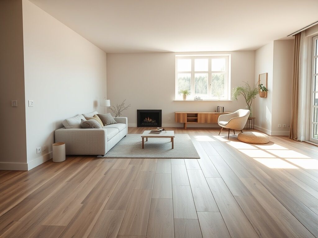 Moderne woonkamer met licht eiken laminaatvloer in visgraatpatroon en subtiele zwarte accenten.