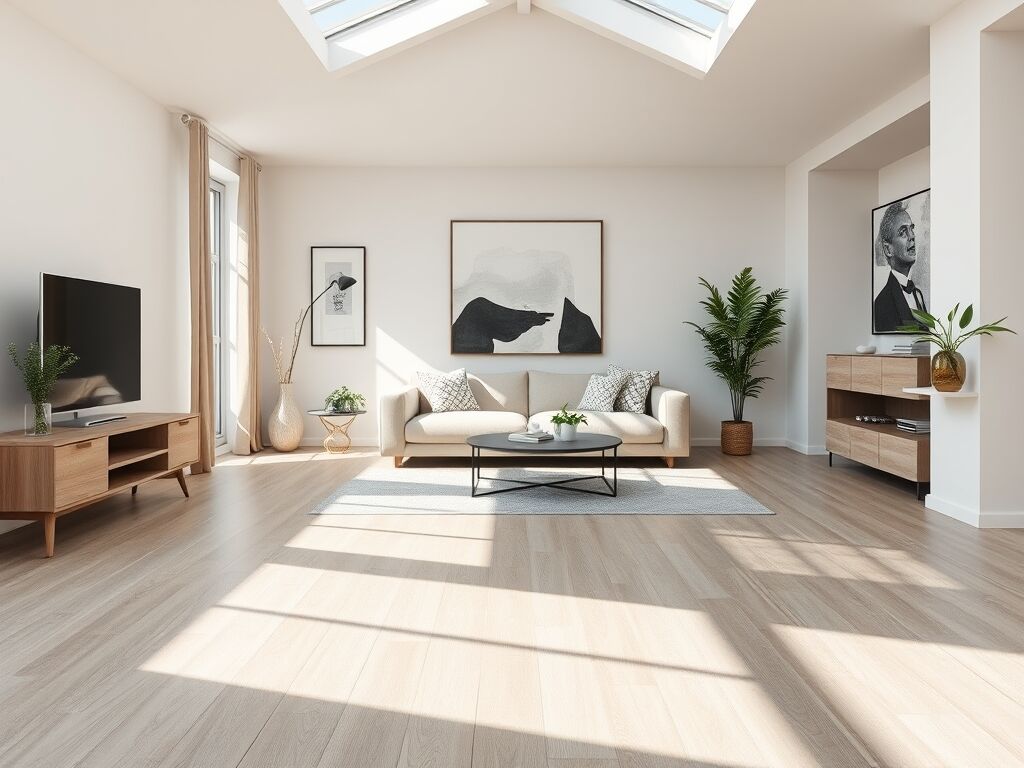 Moderne woonkamer met licht eiken laminaatvloer en veel daglicht.