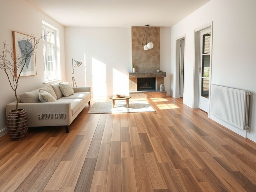 Moderne Nederlandse woonkamer met houten vloer en laminaat ondervloer in lichte, neutrale kleuren.