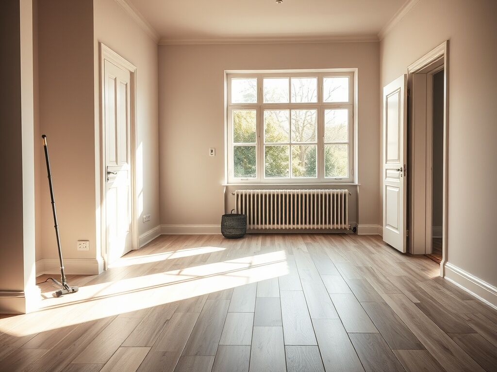 Moderne woonkamer met licht eiken laminaatvloer en schoonmaakspullen, veel daglicht en strakke afwerking.